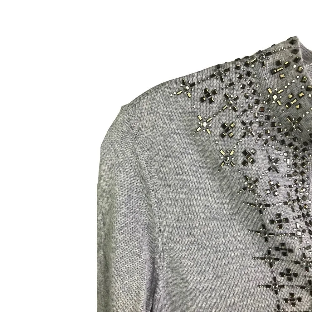 Tory Burch Sweater Womens XS Grey Embellished Split Neck Tunic Crystal Stud Knit